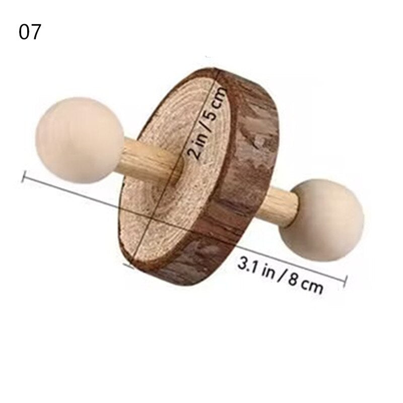 Cute Rabbit Roller Toys Natural Wooden Pine Dumbells Unicycle Bell Chew Toys for Guinea Pigs Rat Small Pet Molars Supplies