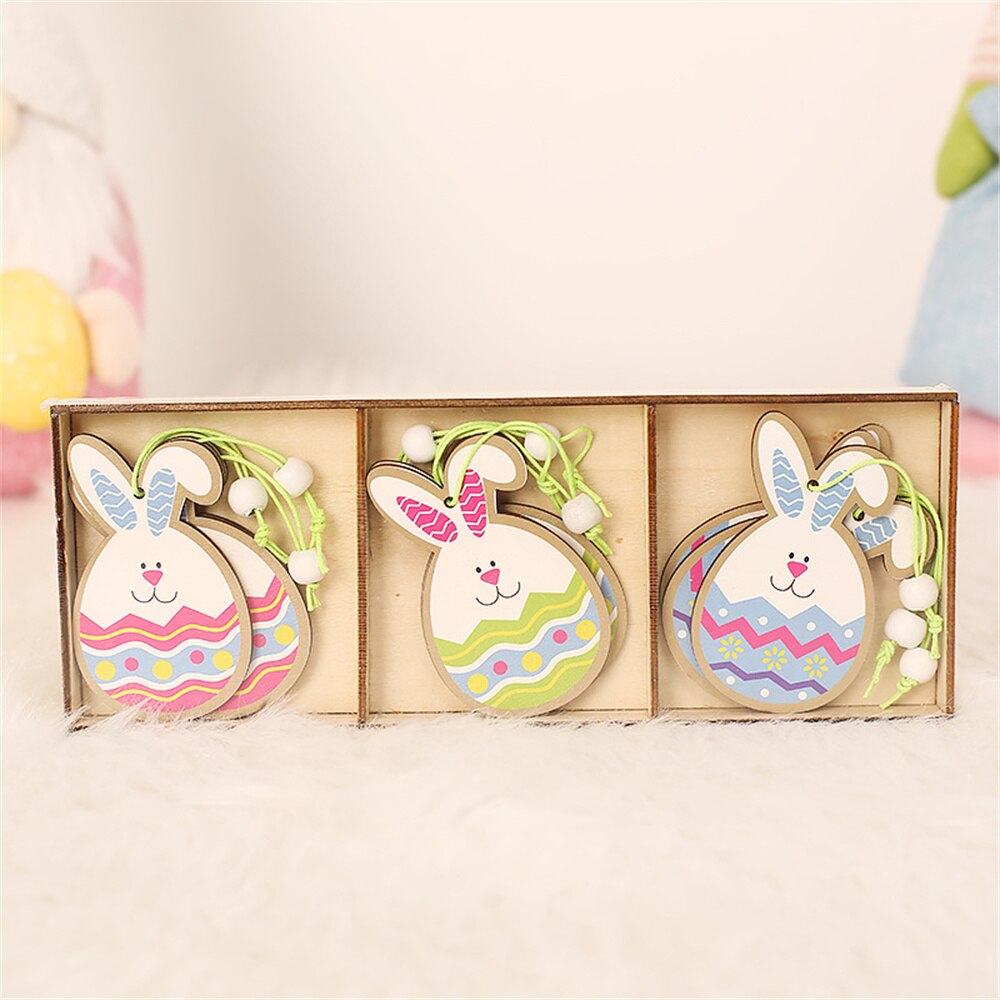 9/12Ppcs/box Easter Rabbit Wooden Ornament Decoration For Home Egg Bunny Hanging Pendant Easter Party DIY Craft Kids Gift