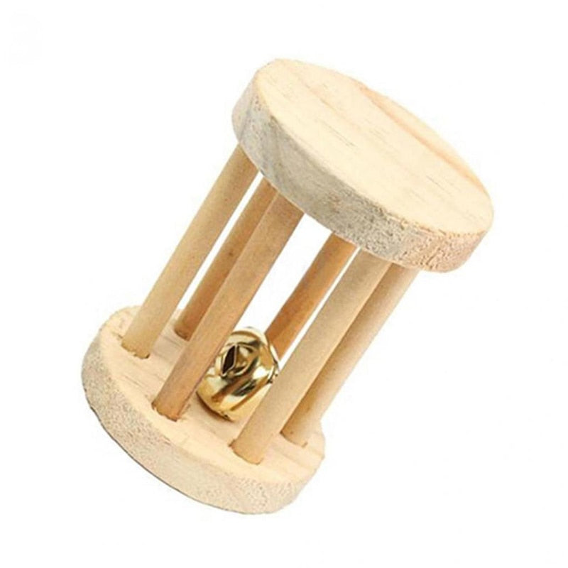 Cute Rabbit Roller Toys Natural Wooden Pine Dumbells Unicycle Bell Chew Toys for Guinea Pigs Rat Small Pet Molars Supplies