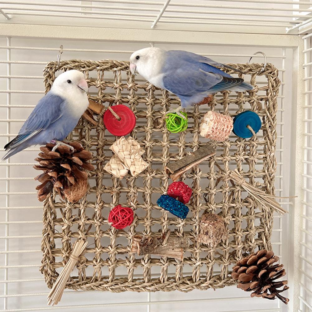 Parrot Activity Wall Toys With Colorful Chewing Toys Handmade Natural Grass Woven Mat Pet Supplies