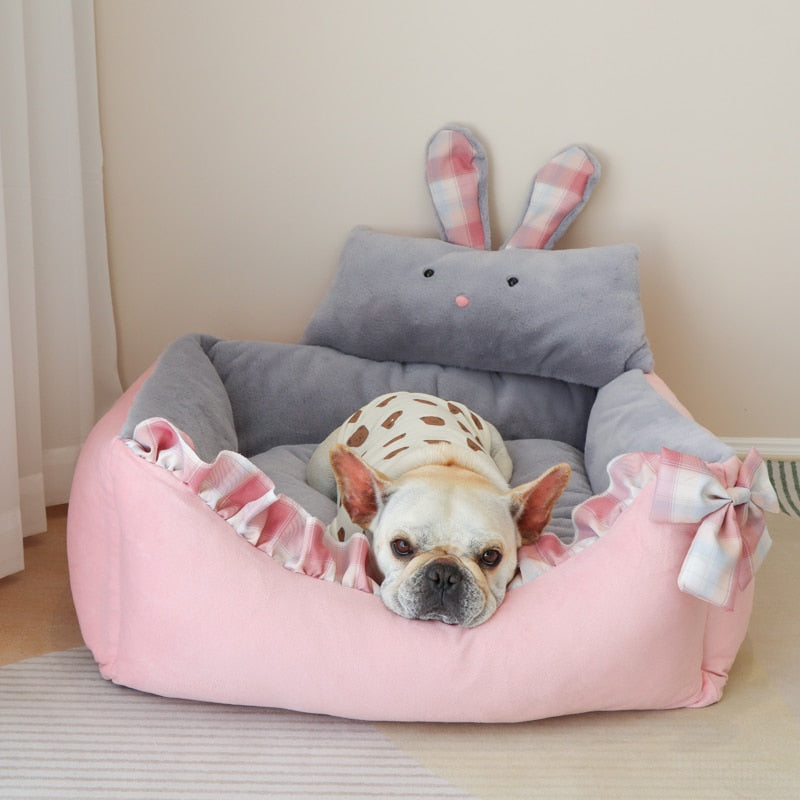 Cozy Plaid Kawaii Dog Bed With Rabbit Pillow Cat Cushion Bow Lace Princess Girl Boy Pet Sofa Indoor Home House Kennel For Puppy