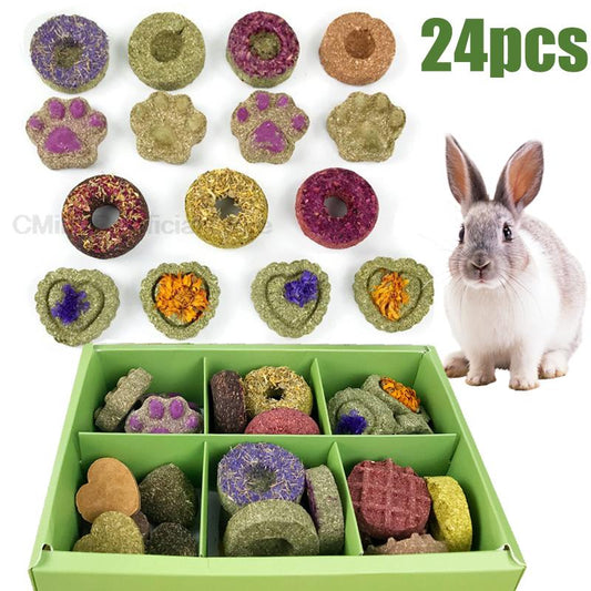 24 PCS Small Pets Rabbit Hamster Grinding Teeth Grass Cake Cookie Chinchilla Guniea Pig Molar Chew Bite Toy Snack Accessories