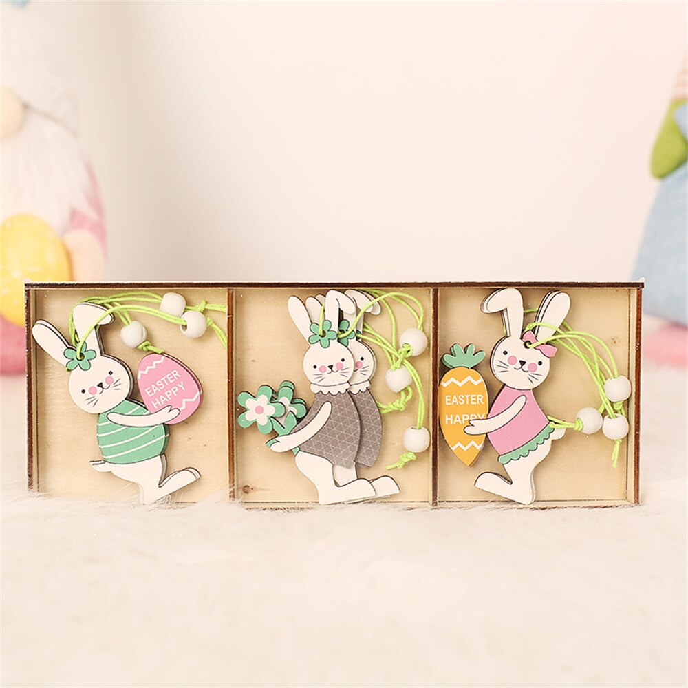 9/12Ppcs/box Easter Rabbit Wooden Ornament Decoration For Home Egg Bunny Hanging Pendant Easter Party DIY Craft Kids Gift