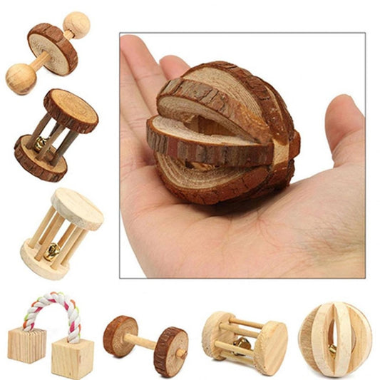 Cute Natural Wooden Rabbits Hamster Toys Pine Dumbells Unicycle Bell Roller Toys for Guinea Pigs Rat Small Pet Molars Supplies